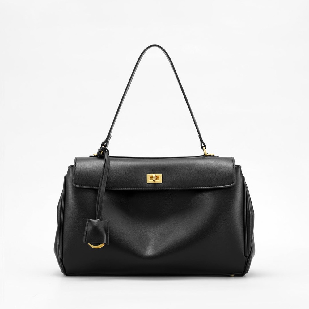 Black Structured Leather Top-Handle Bag